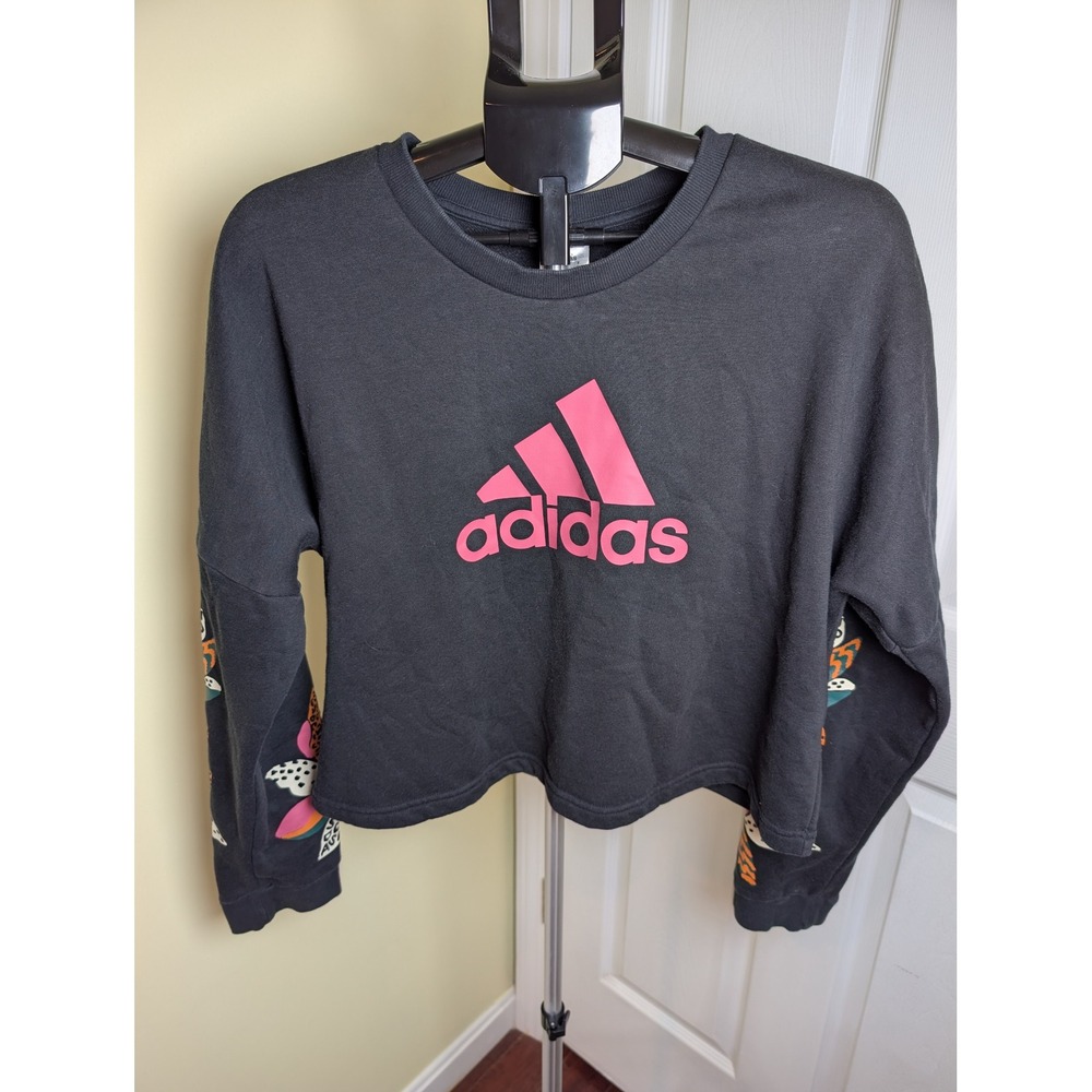 Adidas x Farm Rio Sweatshirt Womens L Black  Logo Floral Graphic Sleeve Cropped